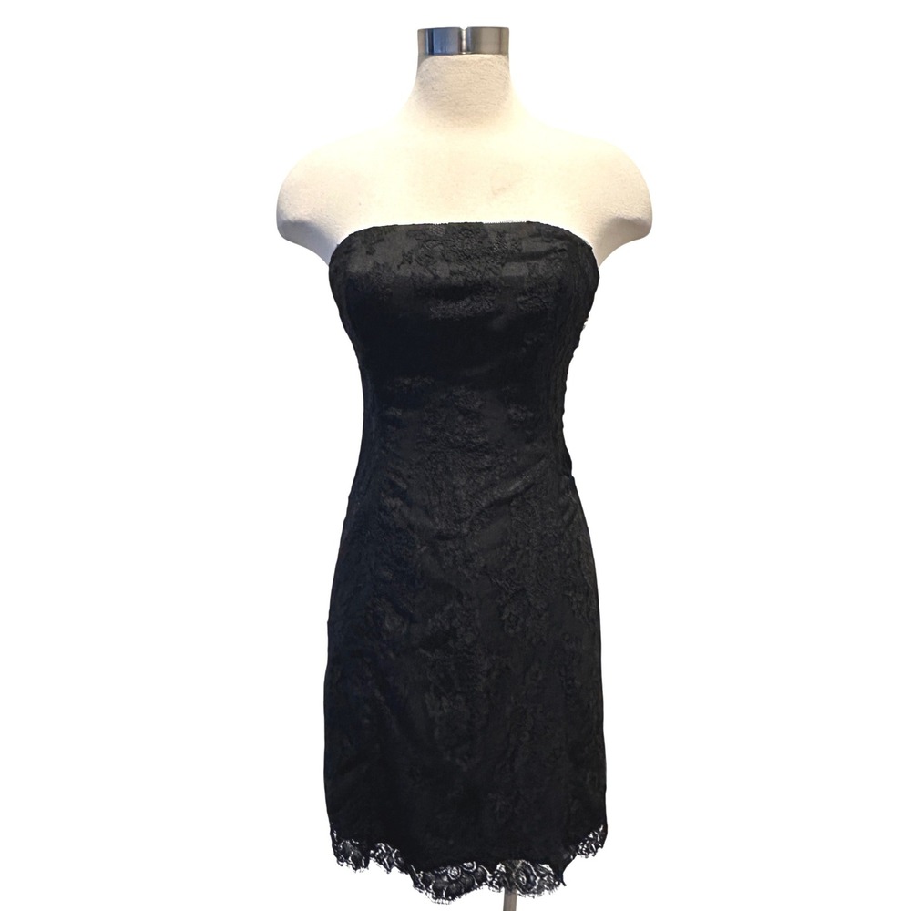 VTG Shoshanna Janie Lace Strapless Mini Dress Womens 4 Black Floral LBD Cocktail - Picture 2 of 13
